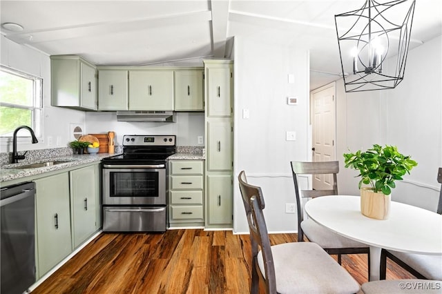kitchen featuring a sink, stainless steel appliances, green cabinets, and under cabinet range hood