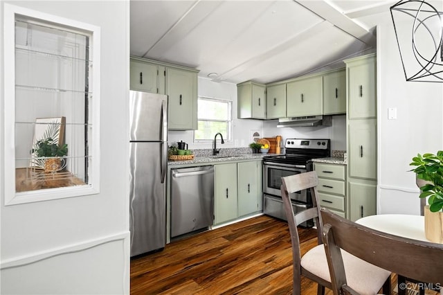 kitchen with stainless steel appliances, green cabinets, a sink, under cabinet range hood, and dark wood finished floors