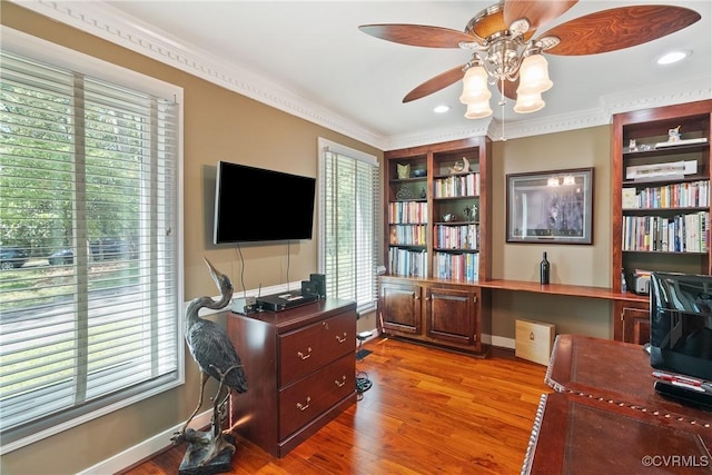 17475 Millfield Ln, Hanover, VA 23192 - office space featuring a ceiling fan, healthy amount of natural light, wood finished floors, ornamental molding, and baseboards