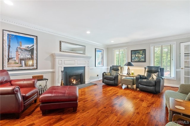 17475 Millfield Ln, Hanover, VA 23192 - living area featuring ornamental molding, wood finished floors, a glass covered fireplace, and recessed lighting