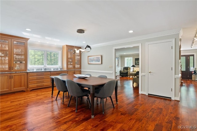 17475 Millfield Ln, Hanover, VA 23192 - dining area featuring crown molding, dark wood-style flooring, and recessed lighting