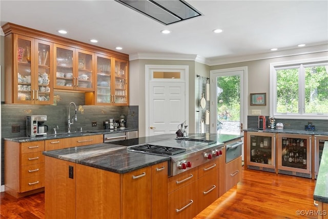 17475 Millfield Ln, Hanover, VA 23192 - kitchen featuring beverage cooler, a sink, appliances with stainless steel finishes, ornamental molding, and a warming drawer