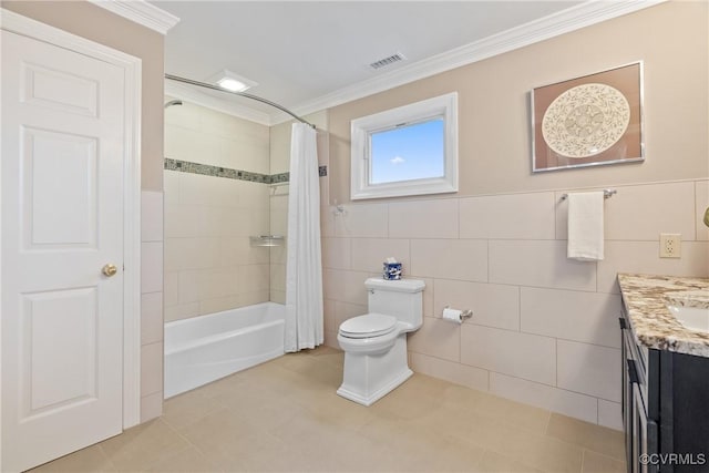 17475 Millfield Ln, Hanover, VA 23192 - full bath featuring toilet, ornamental molding, vanity, shower / tub combo with curtain, and tile patterned flooring