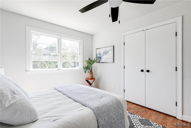 bedroom with wood finished floors, a closet, and a ceiling fan