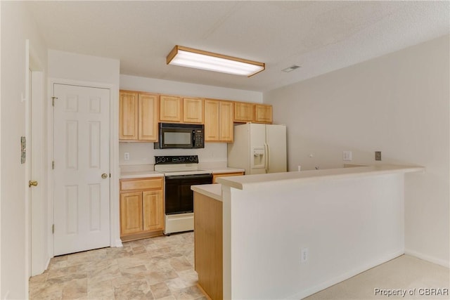 kitchen with electric range oven, white refrigerator with ice dispenser, black microwave, light brown cabinets, and light countertops
