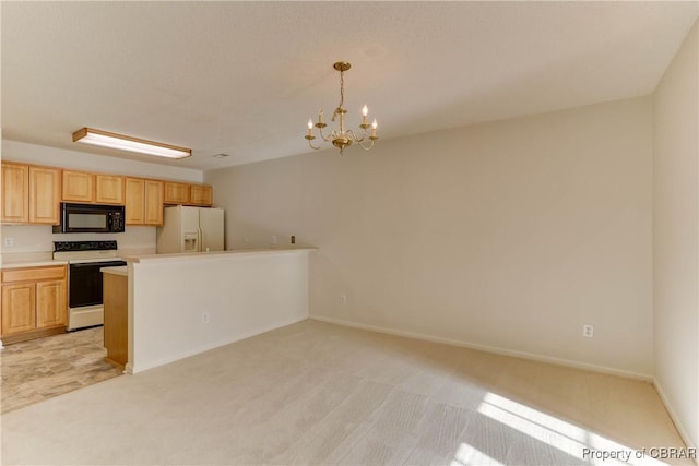 kitchen featuring electric range, white fridge with ice dispenser, black microwave, light colored carpet, and a chandelier