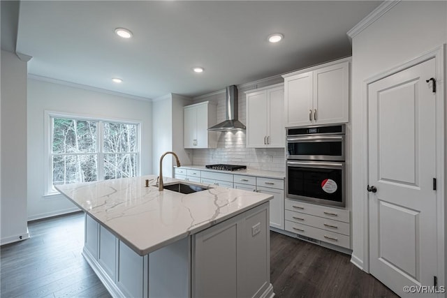 8264 Mount Eagle Rd, Hanover, VA 23005 - kitchen featuring wall chimney exhaust hood, a sink, double oven, crown molding, and gas cooktop