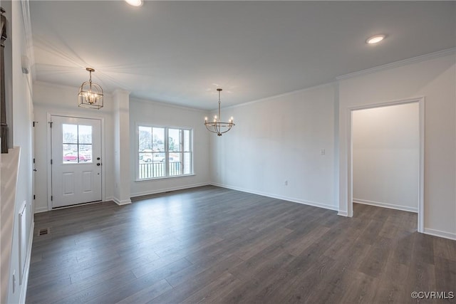 8264 Mount Eagle Rd, Hanover, VA 23005 - unfurnished dining area with a chandelier, ornamental molding, dark wood-type flooring, baseboards, and recessed lighting