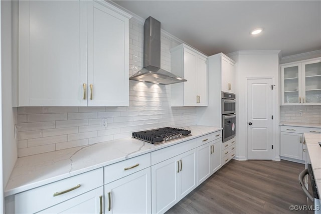 8264 Mount Eagle Rd, Hanover, VA 23005 - kitchen featuring wall chimney range hood, stainless steel appliances, crown molding, white cabinets, and recessed lighting