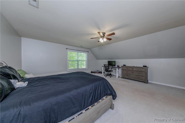 5631 Buckhunt Ln, New Kent, VA 23124 - carpeted bedroom featuring vaulted ceiling, baseboards, and ceiling fan