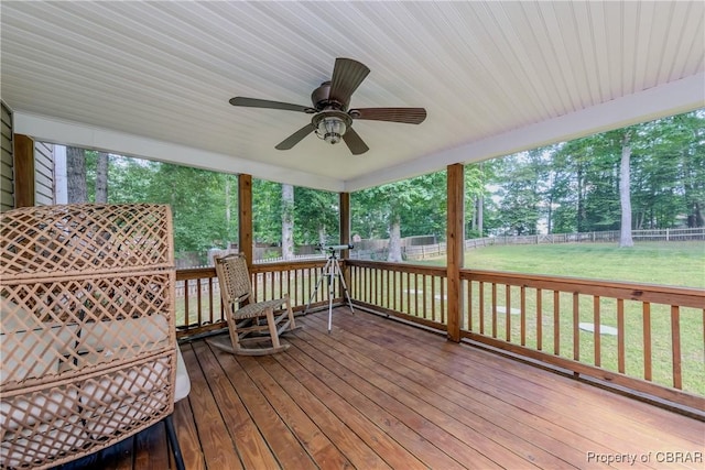 5631 Buckhunt Ln, New Kent, VA 23124 - wooden terrace with a ceiling fan and view of wooded area