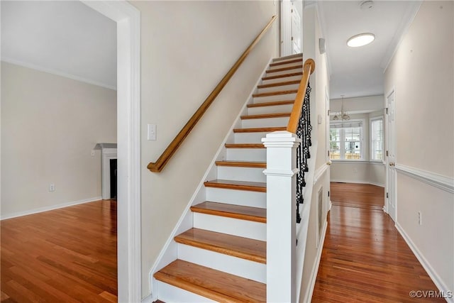 4221 Hunter Green Ct, Henrico, VA 23294 - stairway with wood finished floors, ornamental molding, a fireplace, and baseboards