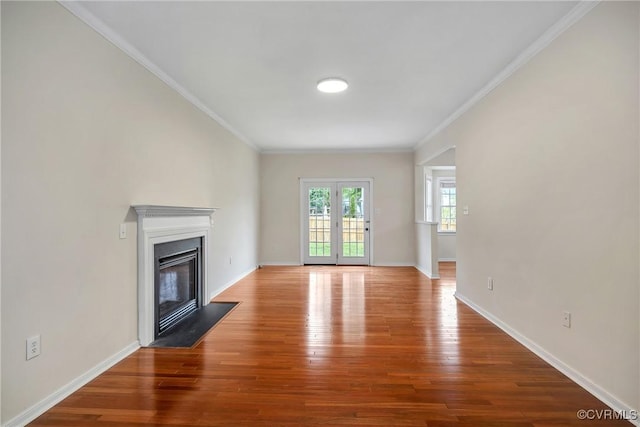 4221 Hunter Green Ct, Henrico, VA 23294 - unfurnished living room featuring wood finished floors, a fireplace with flush hearth, crown molding, and baseboards