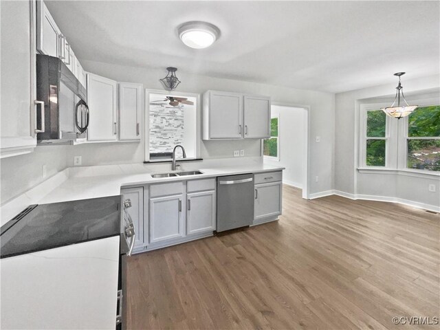 kitchen featuring dishwasher, a sink, black microwave, and wood finished floors