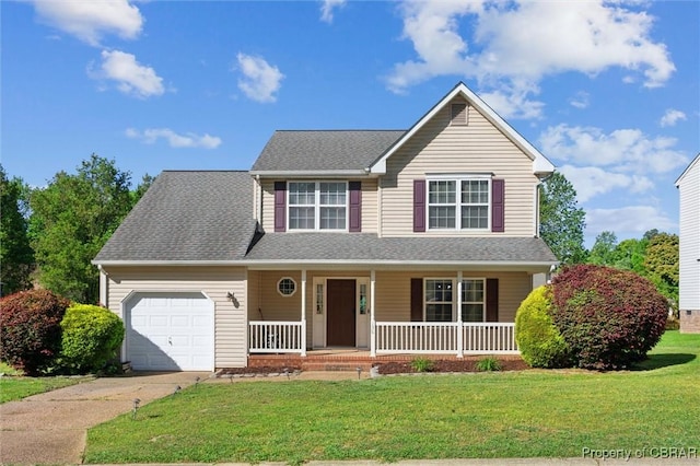 136 View Pointe Dr, Newport News, VA 23603 - view of front of house featuring concrete driveway, a garage, covered porch, a front lawn, and a shingled roof