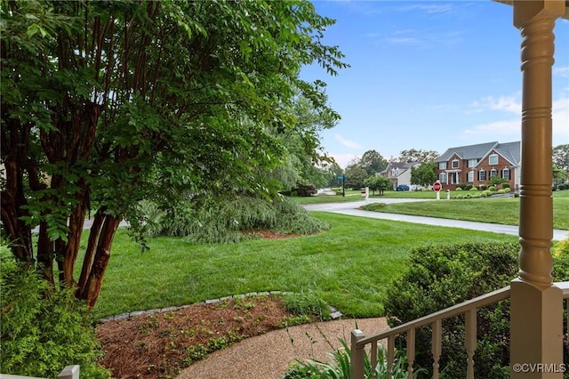 view of green lawn with a residential view