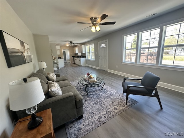 living area featuring wood finished floors, a ceiling fan, and baseboards