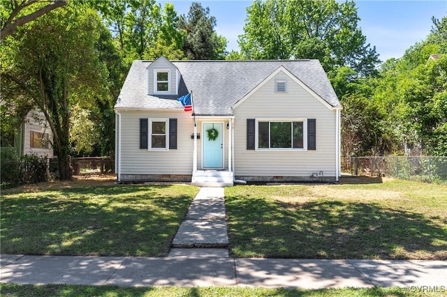 view of front facade featuring crawl space and roof with shingles