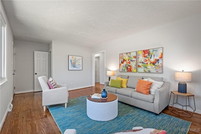 living room featuring wood finished floors, baseboards, and a textured ceiling