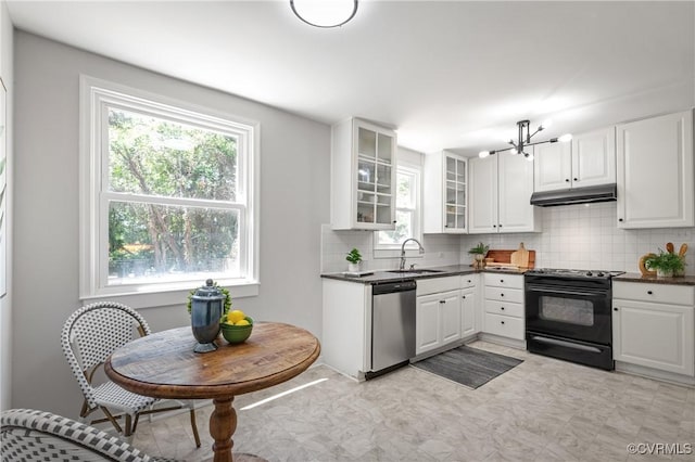 kitchen featuring stainless steel dishwasher, black / electric stove, dark countertops, under cabinet range hood, and a sink