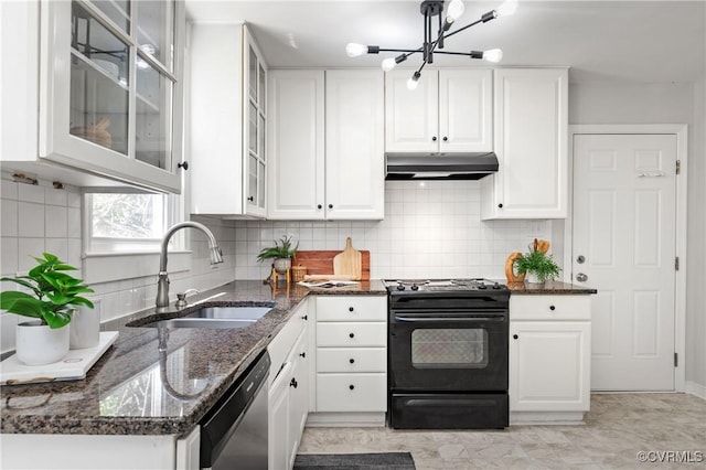 kitchen featuring black gas range, under cabinet range hood, a sink, dishwashing machine, and white cabinets