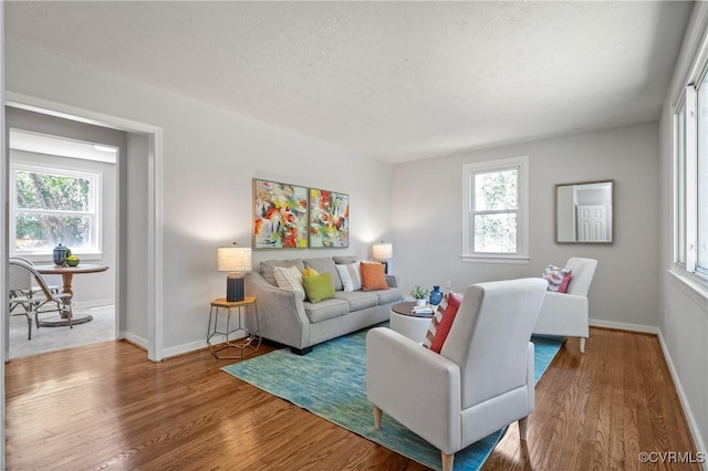 living area featuring wood finished floors, a textured ceiling, and baseboards