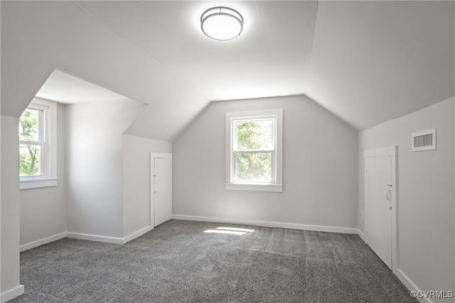 additional living space featuring carpet, lofted ceiling, and baseboards