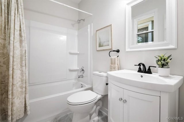 full bath featuring toilet, shower / bathtub combination with curtain, and vanity