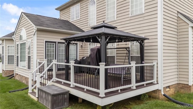 1601 Carty Bay Dr, Chester, VA 23836 - rear view of house with a gazebo, a deck, crawl space, a lawn, and roof with shingles