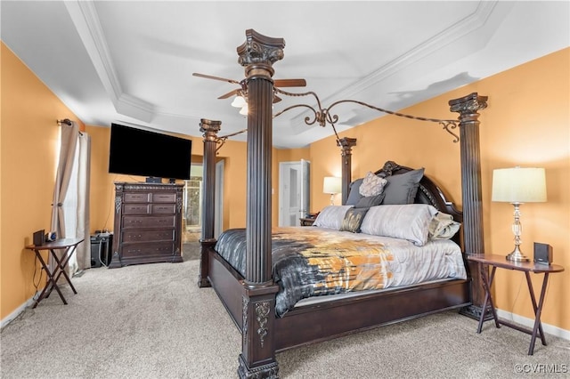 1601 Carty Bay Dr, Chester, VA 23836 - bedroom featuring carpet flooring, a tray ceiling, baseboards, ornamental molding, and decorative columns