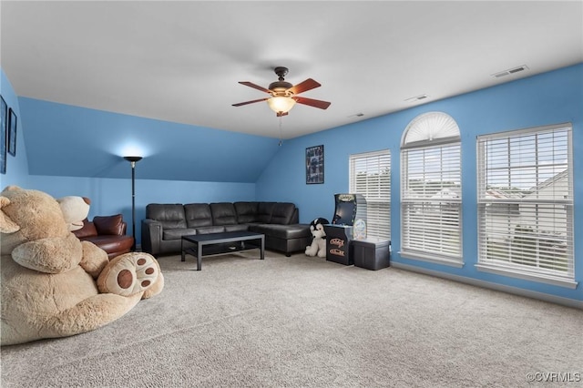 1601 Carty Bay Dr, Chester, VA 23836 - living room with carpet flooring, a ceiling fan, and lofted ceiling