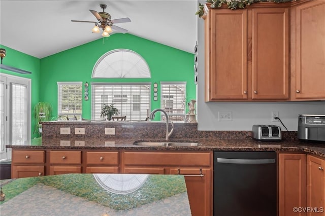 1601 Carty Bay Dr, Chester, VA 23836 - kitchen with dishwasher, a sink, a ceiling fan, vaulted ceiling, and brown cabinetry