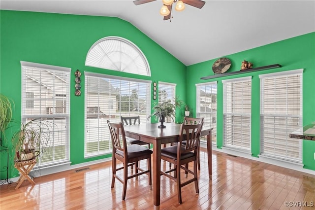 1601 Carty Bay Dr, Chester, VA 23836 - dining area with a ceiling fan, wood finished floors, and high vaulted ceiling
