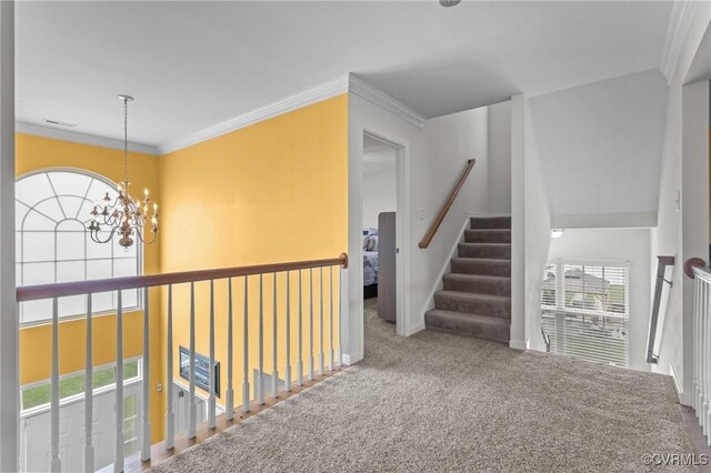 1601 Carty Bay Dr, Chester, VA 23836 - hall with a chandelier, carpet flooring, and crown molding