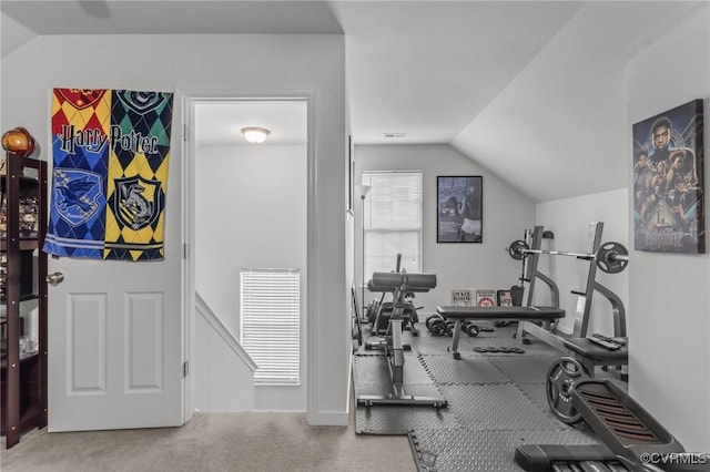 1601 Carty Bay Dr, Chester, VA 23836 - exercise area with lofted ceiling and carpet flooring