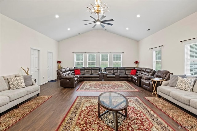 10717 Greenwood Rd, Henrico, VA 23059 - living area with high vaulted ceiling, wood finished floors, a ceiling fan, recessed lighting, and a chandelier