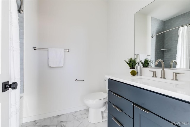 bathroom with baseboards, marble finish floors, toilet, vanity, and shower / bathtub combination with curtain