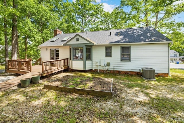 9606 Ladue Rd, North Chesterfield, VA 23237 - back of house with central AC, a chimney, a deck, roof with shingles, and a garden