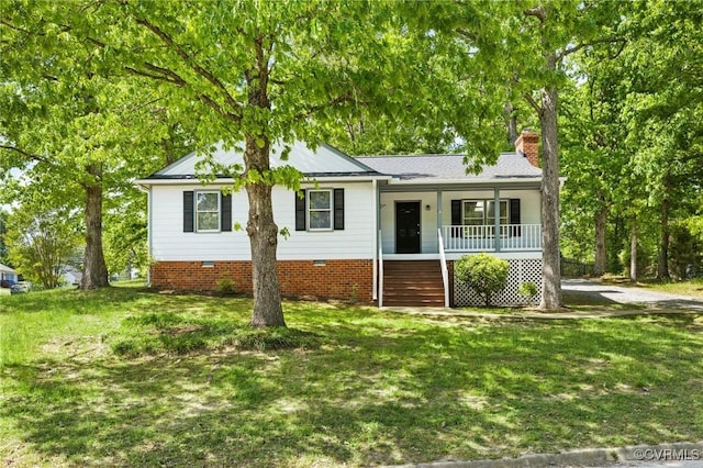 9606 Ladue Rd, North Chesterfield, VA 23237 - single story home with covered porch, a chimney, a front lawn, and stairway