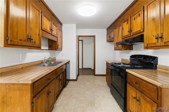 9606 Ladue Rd, North Chesterfield, VA 23237 - kitchen with under cabinet range hood, a sink, black electric range oven, dishwashing machine, and brown cabinetry