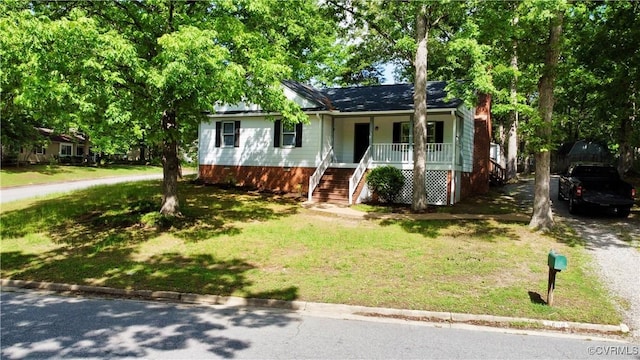 9606 Ladue Rd, North Chesterfield, VA 23237 - single story home with a porch, stairway, a front lawn, and a chimney