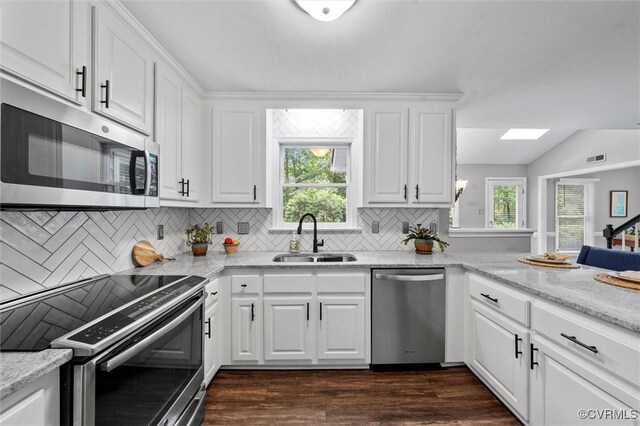 kitchen featuring appliances with stainless steel finishes, a sink, backsplash, and healthy amount of natural light