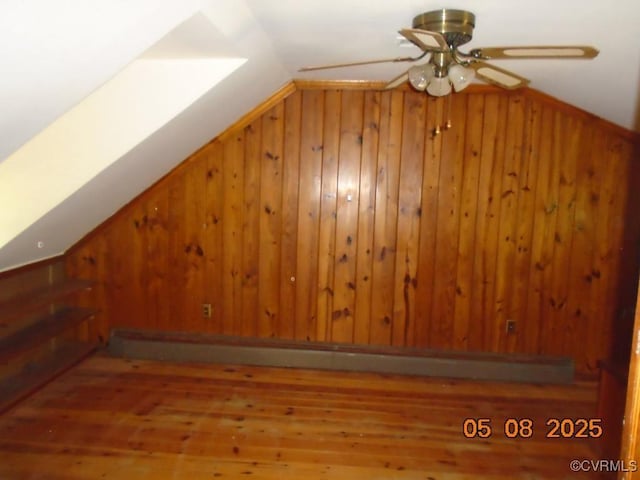 3740 Turner Rd, Richmond, VA 23832 - additional living space featuring vaulted ceiling, hardwood / wood-style floors, wooden walls, and ceiling fan