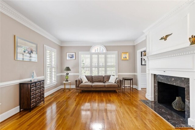 11458 Barrington Bridge Ct, Henrico, VA 23233 - living area featuring light wood finished floors, healthy amount of natural light, a premium fireplace, crown molding, and baseboards