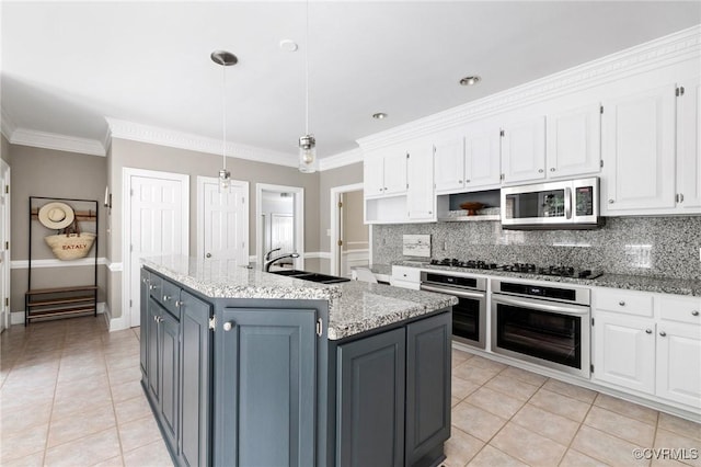 11458 Barrington Bridge Ct, Henrico, VA 23233 - kitchen featuring stainless steel appliances, a sink, white cabinetry, light tile patterned flooring, and crown molding