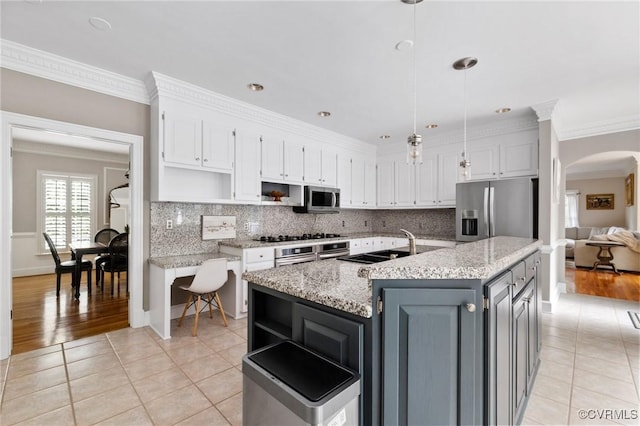 11458 Barrington Bridge Ct, Henrico, VA 23233 - kitchen featuring open shelves, appliances with stainless steel finishes, white cabinets, arched walkways, and crown molding