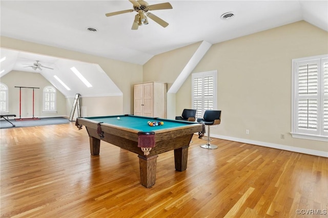 11458 Barrington Bridge Ct, Henrico, VA 23233 - rec room featuring vaulted ceiling, ceiling fan, light wood-type flooring, and billiards