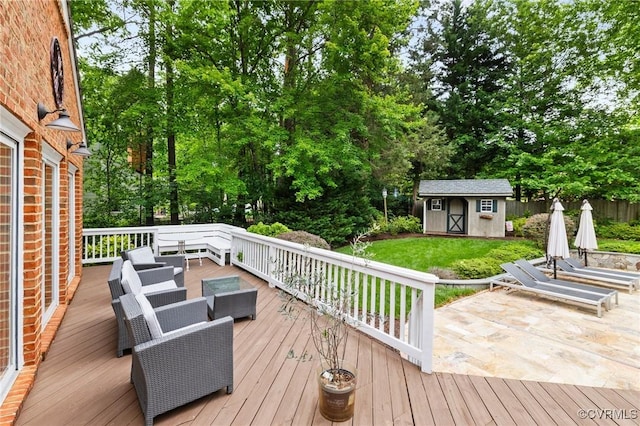 11458 Barrington Bridge Ct, Henrico, VA 23233 - wooden terrace with an outdoor hangout area, a shed, an outbuilding, fence, and view of wooded area