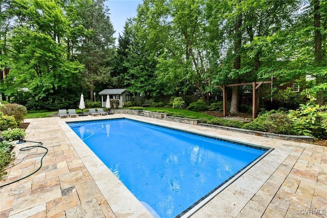 11458 Barrington Bridge Ct, Henrico, VA 23233 - swimming pool featuring a patio area, an outbuilding, and view of scattered trees