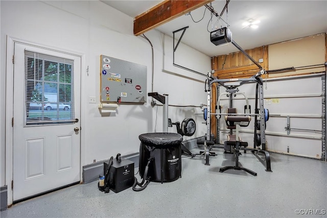 workout room with a garage